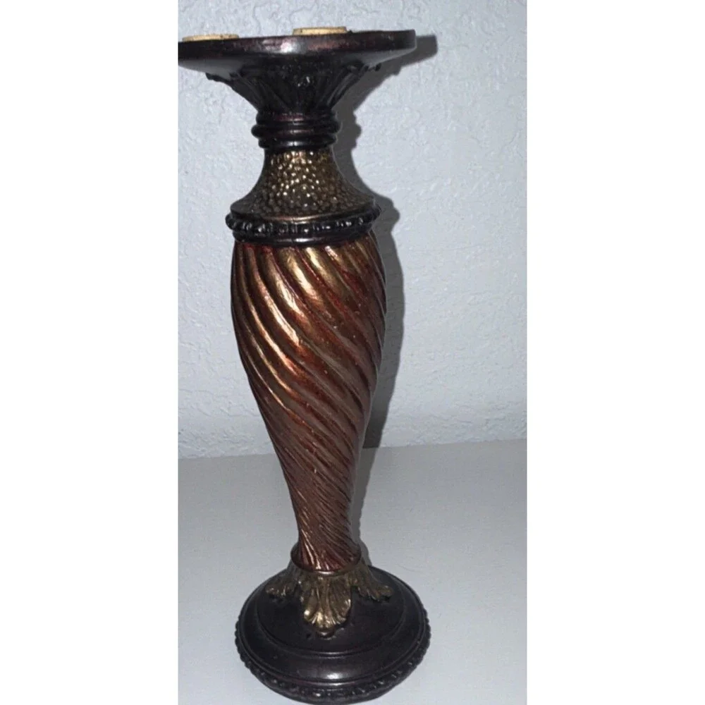 Swirl Pattern Traditional Candle Holder Bronze Gold Antique Finish Metal Resin